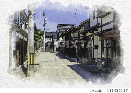 水彩画風　越中八尾　西町の町並み　富山県富山市 111456117