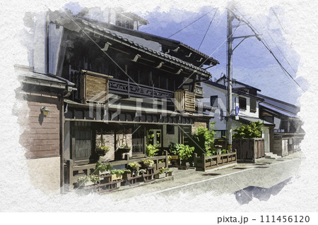 水彩画風　越中八尾　西町の町並み　富山県富山市 111456120