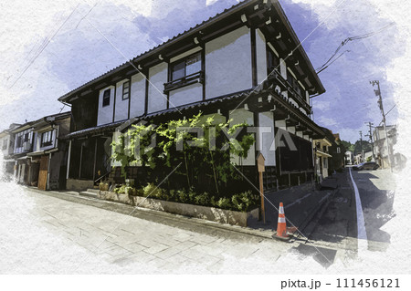 水彩画風　越中八尾　西町の町並み　富山県富山市 111456121
