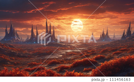 Desert sunset with majestic mountains 111456163