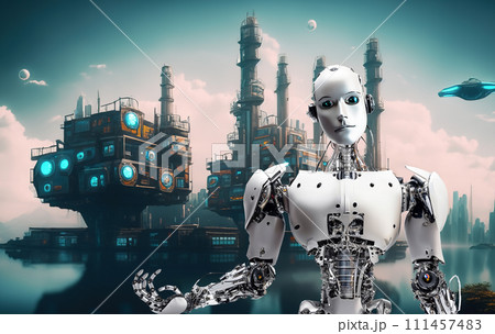 未来都市のスカイラインに浮かぶロボット工場　AI生成画像　ロボット　工場　未来都市　工業都市　SF 111457483