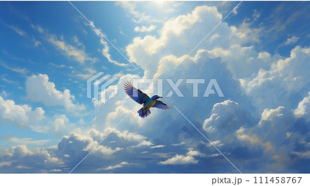 大空を舞う鳥と幻想的な雲と空の風景のイラスト素材 [111458767] - PIXTA