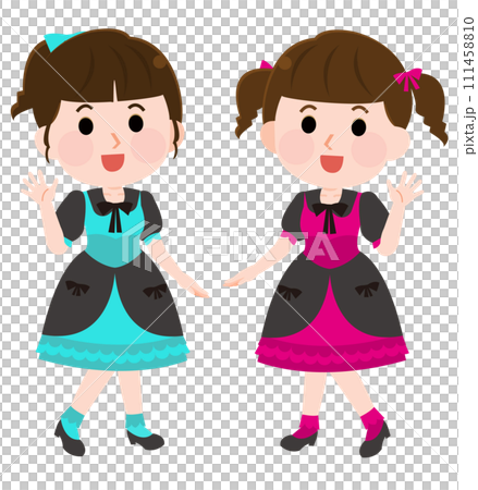 兩個女性偶像團體揮手的插圖 兩個女性偶像團體揮手的插圖 111458810