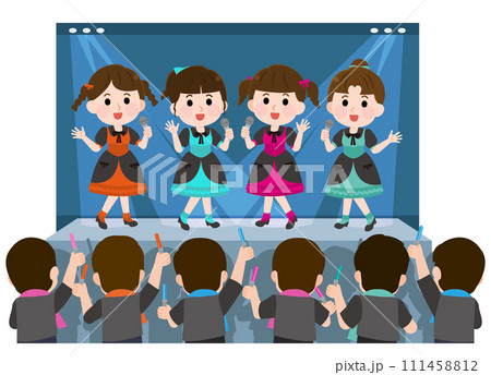 コンサート会場で歌う女性アイドルグループ　観客の後ろ姿 イラスト 111458812
