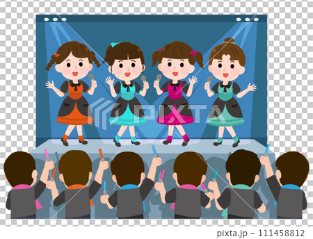 コンサート会場で歌う女性アイドルグループ　観客の後ろ姿 イラスト 111458812