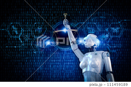 Robotic lady of justice hand hold law scale 111459189