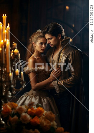 AI-generated content. Renaissance Couple in Romantic Castle Embrace 111459228