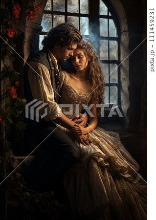 AI-generated content. Renaissance Couple in Romantic Castle Embrace 111459231
