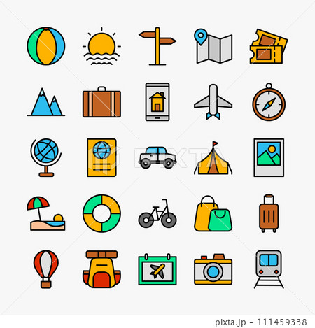 Travel vacation vector icon set. Tourism, holiday, trip collection symbol. Vector illustration Travel vacation vector icon set. Tourism, holiday, trip collection symbol. Vector illustration 111459338