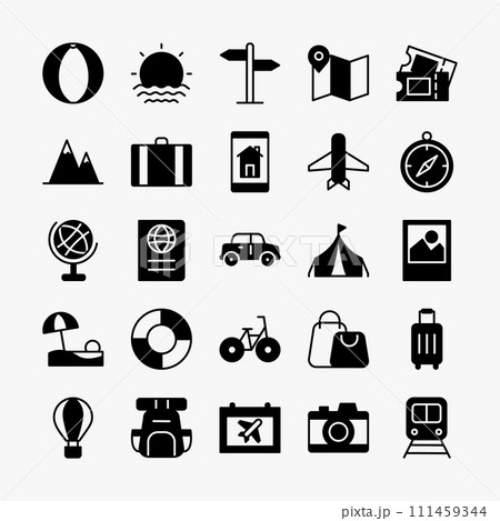 Travel vacation vector icon set. Tourism, holiday, trip collection symbol. Vector illustration 111459344