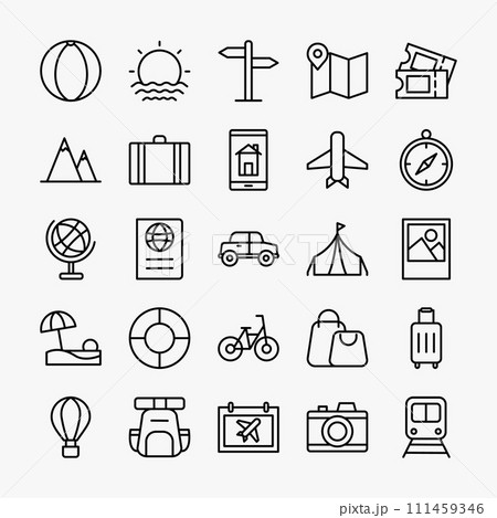 Travel vacation vector icon set. Tourism, holiday, trip collection symbol. Vector illustration Travel vacation vector icon set. Tourism, holiday, trip collection symbol. Vector illustration 111459346