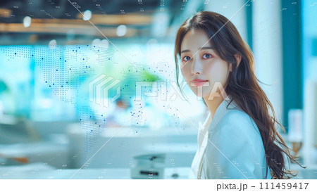 データホログラムを分析する未来的な実業家。デジタルネットワークの中で力を発揮する企業戦略家。 111459417