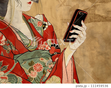 スマホを操作する江戸時代の女性 111459536