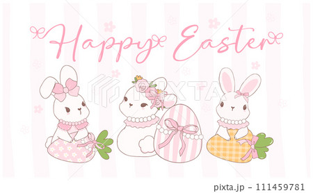 Cute Coquette Easter bunnies wear bow with carrot and Easter eggs Cartoon banner, sweet Retro Happy Easter spring animal. Cute Coquette Easter bunnies wear bow with carrot and Easter eggs Cartoon banner, sweet Retro Happy Easter spring animal. 111459781