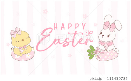 Cute Pink Coquette Easter bunny and Chick with Easter eggs Cartoon banner, sweet Retro Happy Easter spring animal. 111459785