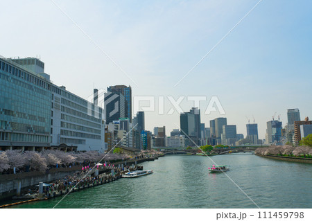 【大阪府】3月・満開の桜と大阪の街並み 111459798