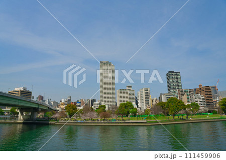 【大阪府】3月・桜満開の都市風景 111459906