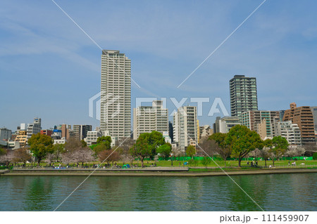 【大阪府】3月・桜満開の都市風景 111459907