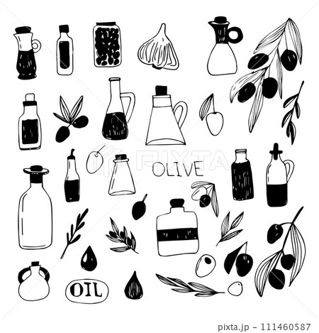 Vector set of olive branches and olive oil. Vector set of olive branches and olive oil. 111460587