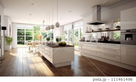 A large kitchen with a center island in the middle of the room 111461496