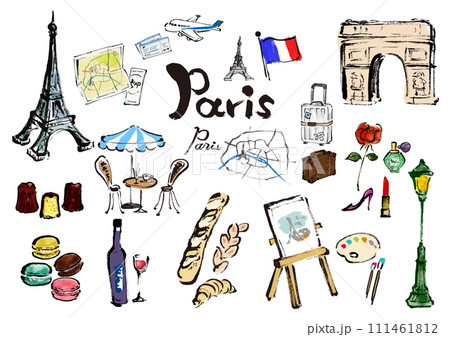 フランス、パリ観光旅行イラスト素材セット フランス、パリ観光旅行イラスト素材セット 111461812