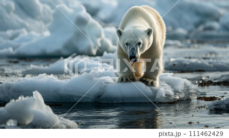 Global Warming A polar bear struggle to find footing on a melting ice walking on a thin ice 111462429
