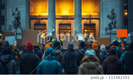 a group of protestors holding signs demanding tax reform outside a government building a group of protestors holding signs demanding tax reform outside a government building 111462591
