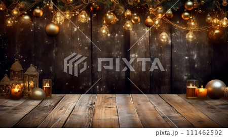 Rustic wooden table decorated with candles and ornaments Rustic wooden table decorated with candles and ornaments 111462592