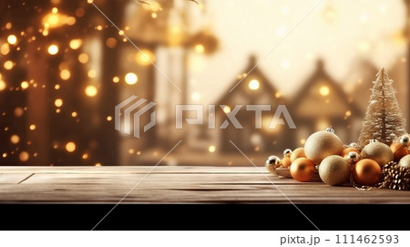 Wooden table adorned with an array of decorative Christmas objects 111462593