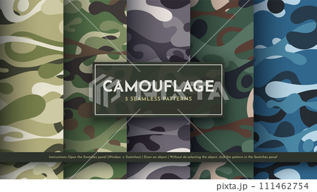 Set 5 Seamless Camouflage Patterns. War Illustration. Traditional Military Texture. Army Modern Background Set 5 Seamless Camouflage Patterns. War Illustration. Traditional Military Texture. Army Modern Background 111462754