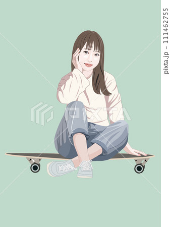 スケボーに座る若い女性イラストのイラスト素材 [111462755] - PIXTA