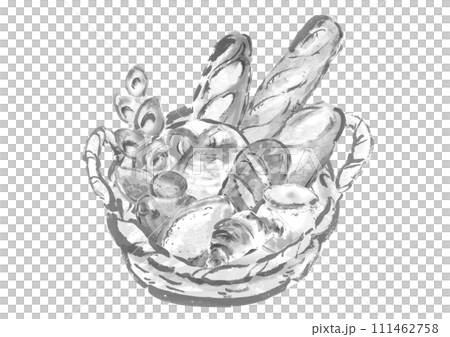 Hand-drawn illustration of various breads in a basket Hand-drawn illustration of various breads in a basket 111462758