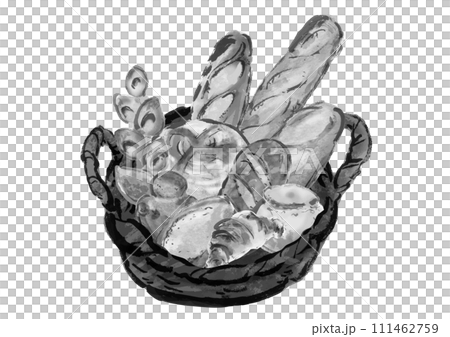 Hand-drawn illustration of various breads in a basket Hand-drawn illustration of various breads in a basket 111462759
