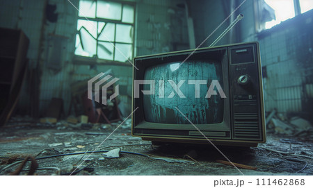 廃墟に置かれた古いブラウン管テレビ 廃墟に置かれた古いブラウン管テレビ 111462868