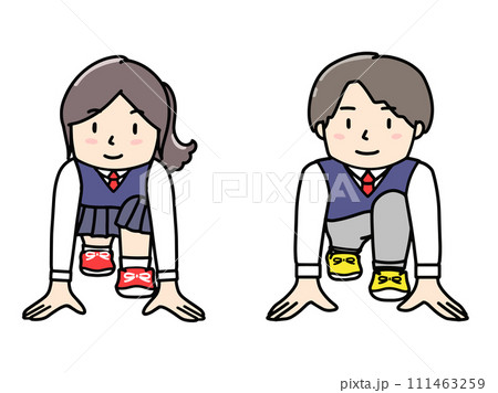 スタートラインでスタンバイする学生服の男女イラスト 111463259