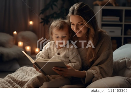 Mother or Father with his baby on his laps reading a book 111463563