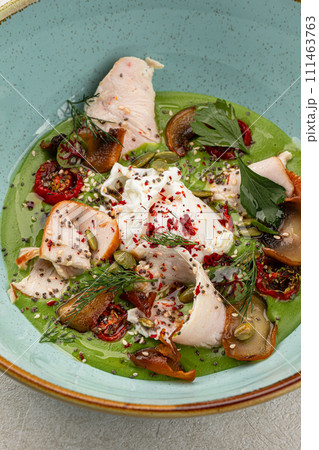 Breakfast with green mousse and stracciatella Breakfast with green mousse and stracciatella 111463763