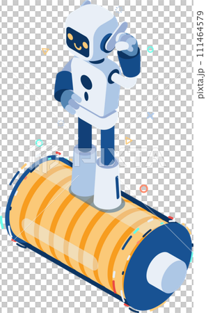 Isometric Energized Ai Robot Standing on Full Energy Battery 111464579