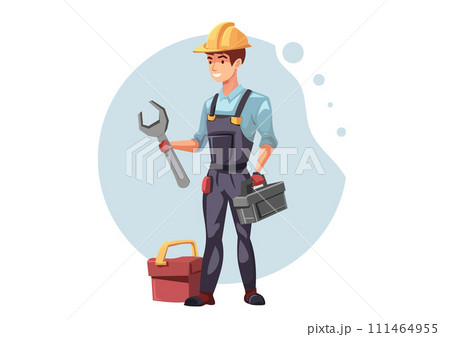 Male engineer in uniform with wrench, tools in box of service worker, business repair, maintenance system, vector illustration 111464955