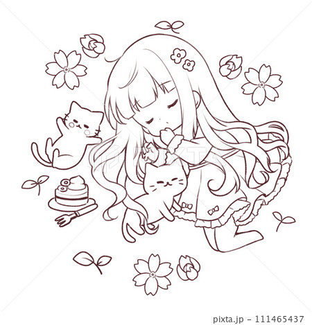 絵　油絵　F4-090718　可愛い子猫と女の子 猫の日 #猫の日 #イラスト #女の子イラスト #ガールズイラスト