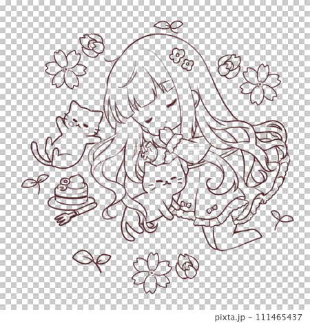 猫と女の子　ぬり絵 111465437