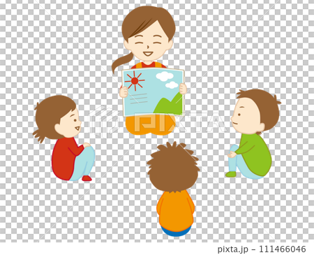 A childcare worker smiling and reading a picture book to children 111466046