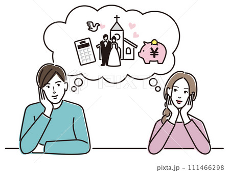 挙式の費用について考える若い男女 挙式の費用について考える若い男女 111466298