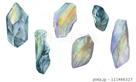Hand drawn watercolor illustration precious semiprecious jewel gem crystal chakra birth stone. Moonstone aquamarine. Set of objects isolated on white background. Design print, shop, jewelry, fashion 111466327