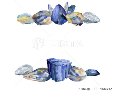 Hand drawn watercolor illustration precious semiprecious jewel gem crystal chakra birth stone. Sapphire lapis larimar. Horizontal frame isolated white background. Design print, shop, jewelry, fashion 111466342