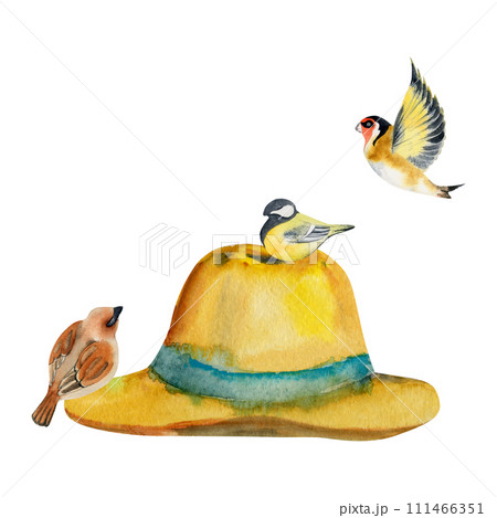 Hand drawn watercolor illustration spring gardening, straw sun hat with small birds, sparrow tit flying finch. Composition isolated on white background. Design print, shop, scrapbooking, packaging Hand drawn watercolor illustration spring gardening, straw sun hat with small birds, sparrow tit flying finch. Composition isolated on white background. Design print, shop, scrapbooking, packaging 111466351