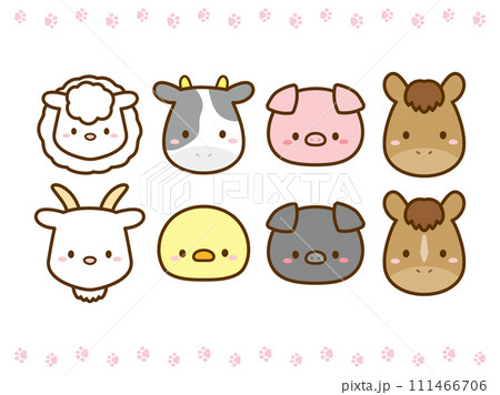 かわいい牧場の動物のイラストのセットと足跡の飾り罫 かわいい牧場の動物のイラストのセットと足跡の飾り罫 111466706
