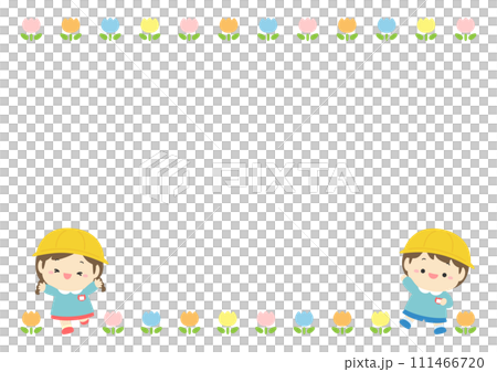 幼兒園兒童、男孩和女孩以及鬱金香框架 111466720