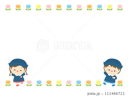 幼稚園の園児、男の子と女の子とチューリップのフレーム02 111466721