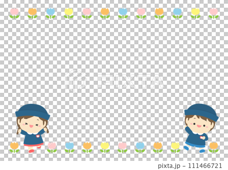 幼稚園の園児、男の子と女の子とチューリップのフレーム02 111466721